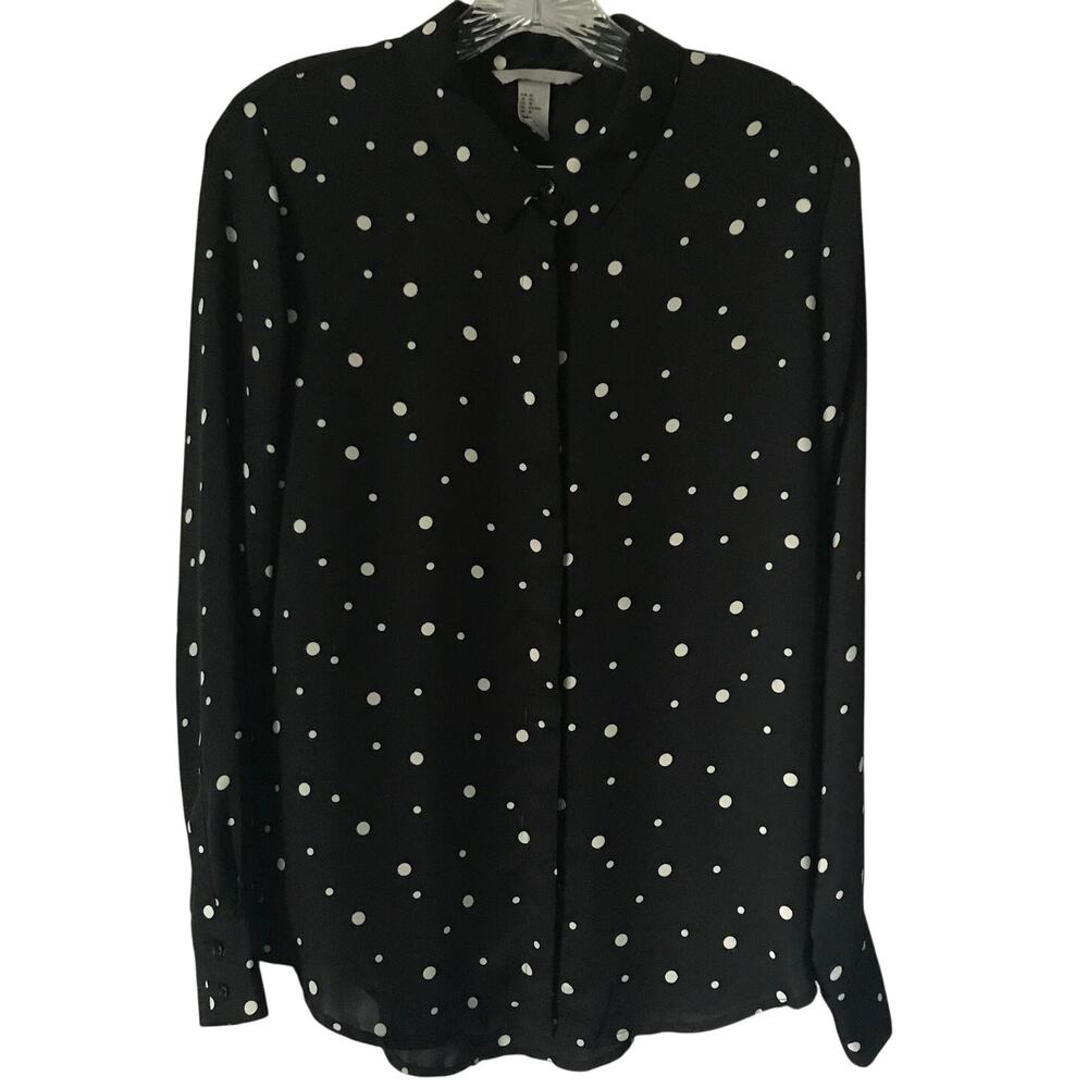 H and M Blouse Size 10 Womens Long Sleeve Button Up Polka Dot Business School